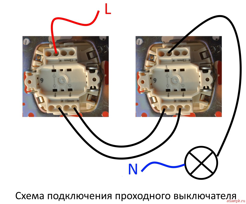 Типовая схема подключения двух проходных выключателей