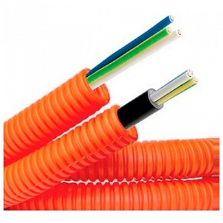Труба ПНД гибкая гофрированная, д.16 мм, цвет оранжевый, с кабелем 3х1,5ВВГнгLS РЭК ГОСТ+, 100 м (упак. 100м) ( DKC код: 7L916100 ) фото